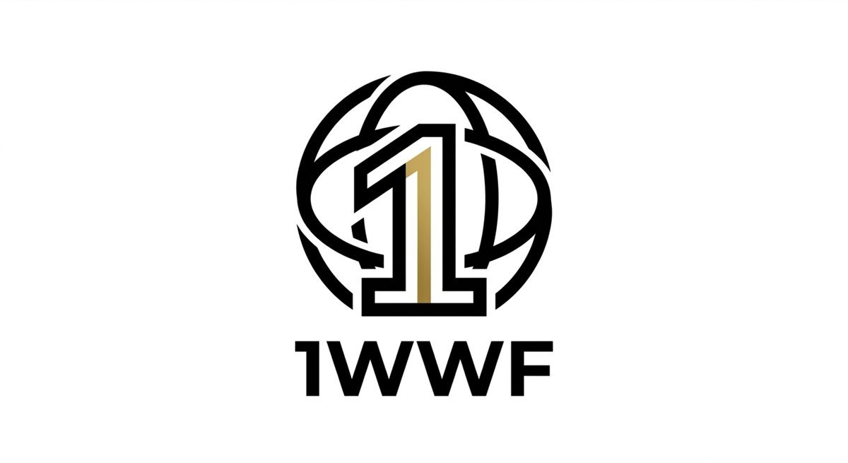 1WWF brand emblem: a bold number one inside a black-and-gold globe